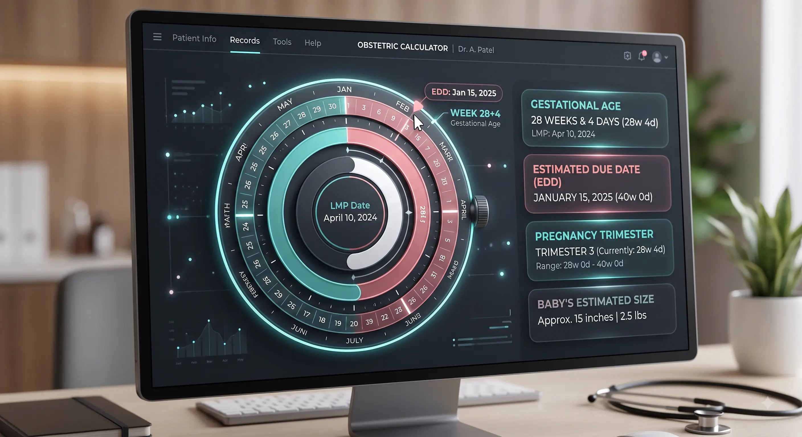 Digital OB wheel pregnancy calculator interface showing gestational age and estimated due date (EDD)