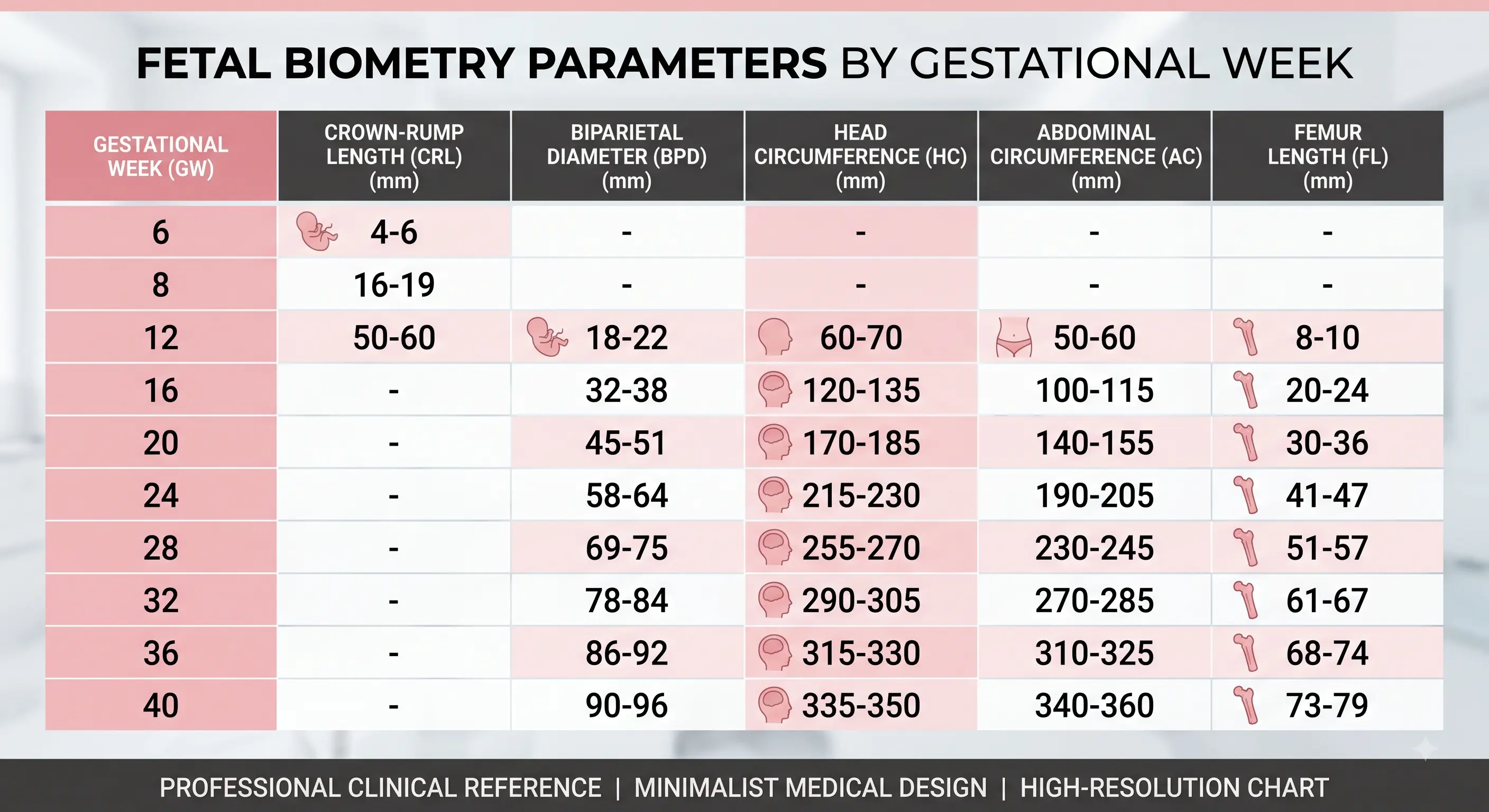 Fetal biometry growth chart showing CRL, BPD, HC, AC, FL, and expected fetal weight by gestational week
